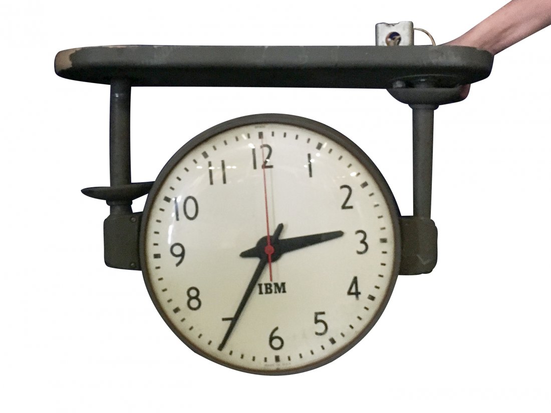 Large Industrial Double Sided Hanging IBM Clock: Large Industrial Hanging Double Sided IBM Clock. Metal case. Dimensions: H: 20 inches: W: 28 inches: D: 8 inches