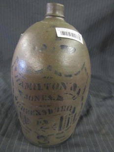 Hamilton & Jones 2 gallon decorated crock jug: Hamilton & Jones 2 gallon decorated crock jug Greensboro PA. Does have a hairline crack but very nice overall. 14 1/2 in tall