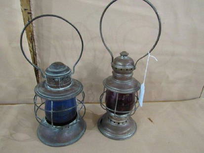 2-Copper railroad lanterns: 2-Copper railroad lanterns The one with the red globe has damage on the base.