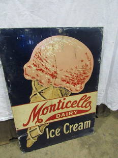 DST Monticello's Dairy ice cream sign: DST Monticello's Dairy ice cream sign Some wear but overall nice sign. A.m. sign company 4 - 59. 20 x 28