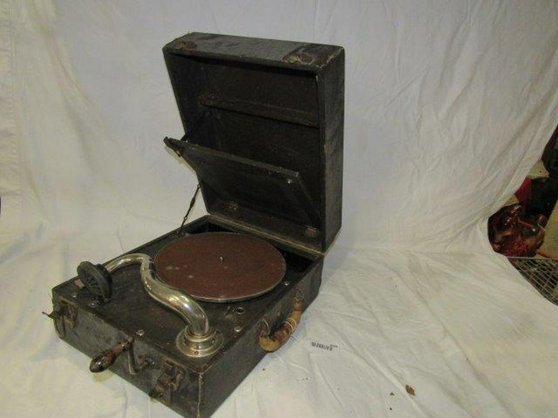 Supreme PAL Cased Phonograph: Late 19th century Phonograph in leather lidded case Needs TLC 