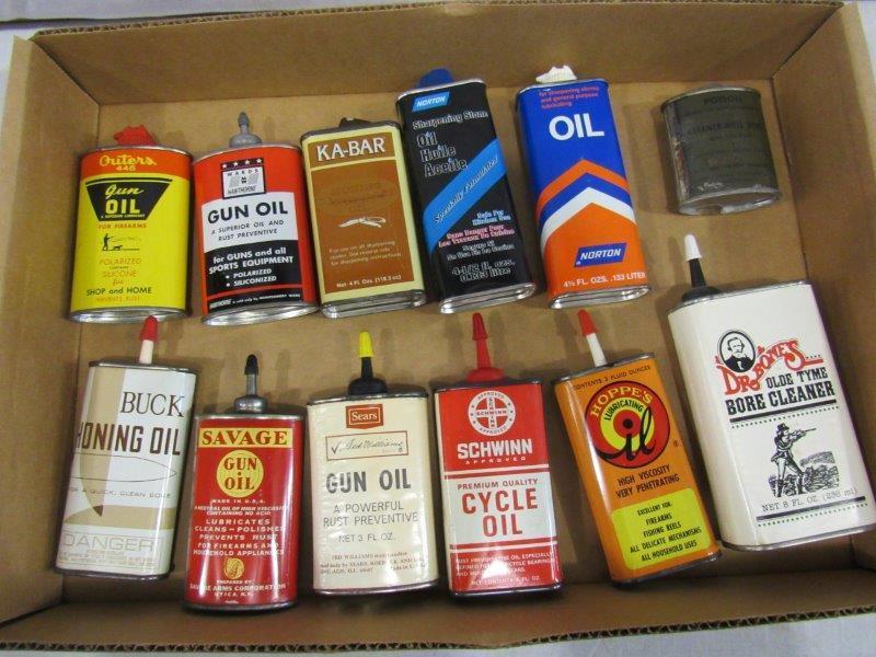 Lot of 12 handy oilers: There is 10 handy oilers and 1- 8 oz. Dr. Bones can. Handy oilers includes a Lead top Savage, lead top Ward's Hawthorne, Buck, Ka-Bar, Schwinn cycle oil, Sears Ted Williams gun oil, Outers, Hoppes, an