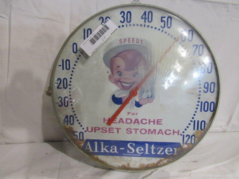 Alka-Seltzer thermometer: With glass dome. Dome is slightly fogged and has rust along the bottom Edge. 12 inch diameter. Rough condition