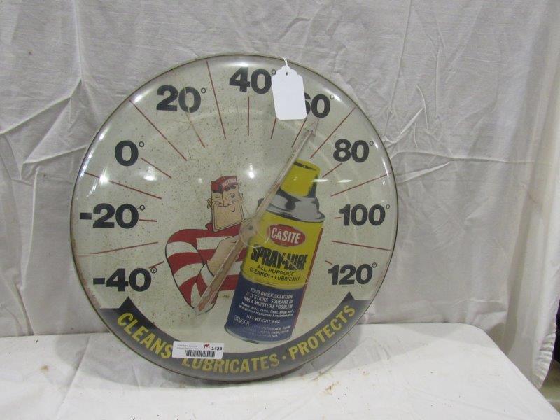 Casite Spray-Lube thermometer: Has a cracked acrylic dome. 18 in diameter