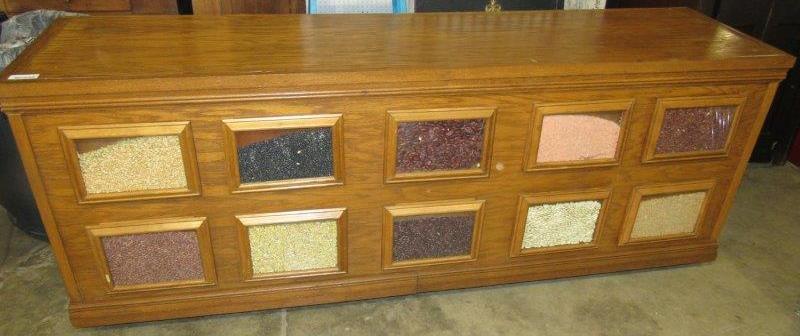 Country Store 10-drawer seed counter: 90 in Long 20 to 1/4 inch wide 30 to 1/2 in tall. Has seed display panels with seed on back side.