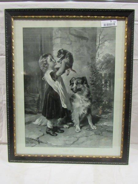 Framed Steel plate "Kiss Me" engraving: Painted by Geo. A. Holmes and printed by the Crowell & Kirkpatrick company New York and Chicago. Depicting a little girl holding a puppy. Does have a puncture. Framed measures 21 1/4 x 26 1/4