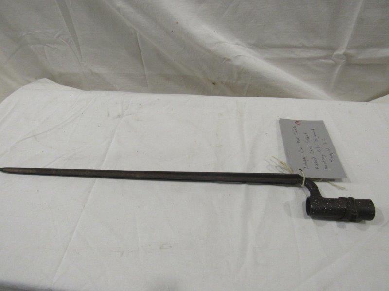 Civil War double ribbon military rifle bayonet: Antique civil war double ribbon cross socket military rifle bayonet. Stamped 1C. Blade is 19 in Long overall length is 22 in.