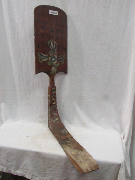 Early Russian/Scandinavian Wooden Andiron: Great painted graphics. 35 1/2" h 