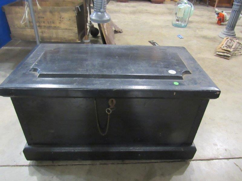 Great early wooden tool box: With metal-reinforced corners and metal handles also has trays. 33 1/2 in wide 18in deep and 18 in tall