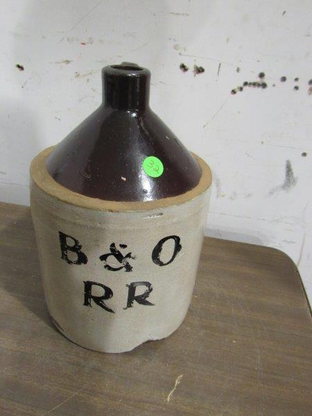 1 gallon stoneware jug with B&O RR markings: Markings appear to be added later and does have several significant chips.