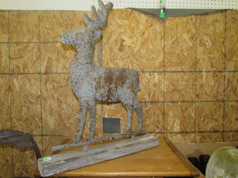 Metal Reindeer Topper: Mounted on wood board. 30" h.
