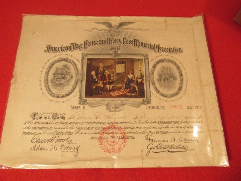 American Flag House and Betsy Ross Memorial Association: This early pce has some tears and rips due to age but is in a plastic sleeve and has great color and would make a great addition to any collection. 