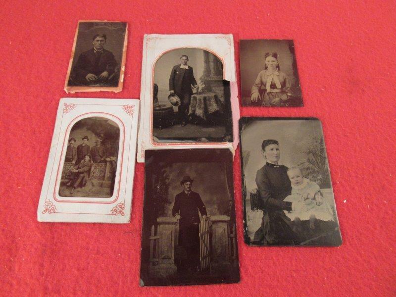 LOT OF 6 EARLY TIN TYPE PHOTOS OF MEN/ WOMEN & CHILDREN (1 of 7)