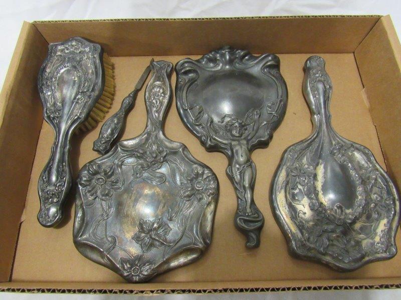 Lot of Victorian dresser pieces: Includes three fancy hand mirrors, brush and nail file.