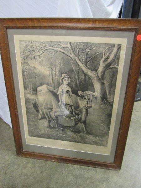 Early Black & White Jersey Cow & Maiden Print Framed by (1 of 5)