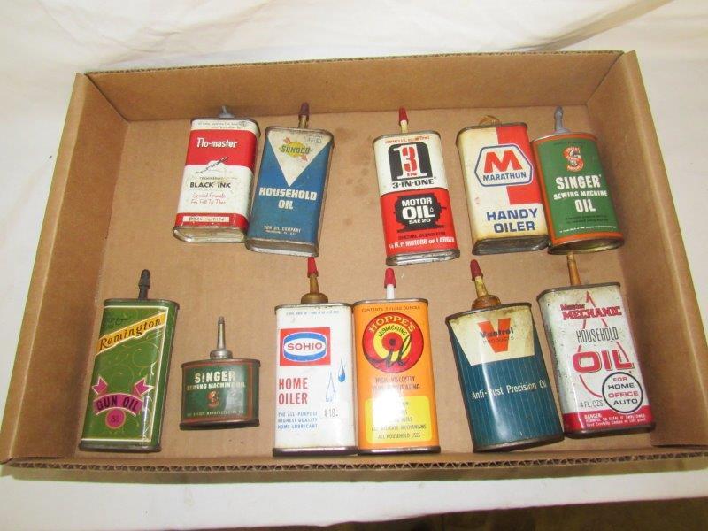 Lot of 11 handy oilers: Lead tops include Remington gun oil, Sunoco, 2-Singers, Flo-master with the tip broke off. Other notable names include Sohio, Marathon, Hoppes, Vantrol.