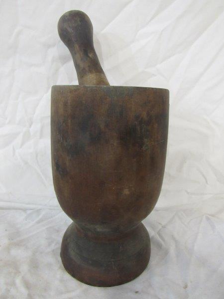Early wood mortar and pestle: 9 in tall