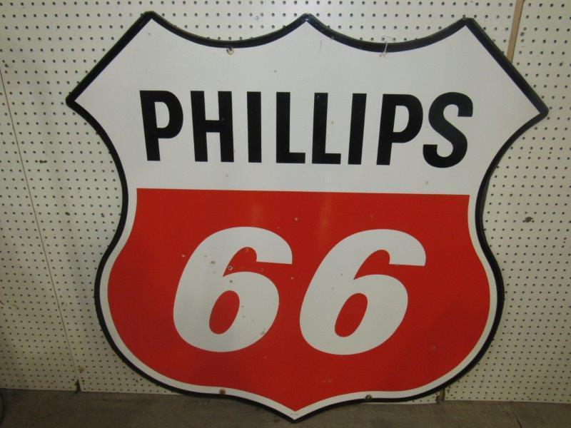 DSP Phillip 66 shield sign: Has a few small dime size and BB size hits on either side also has a few touch ups overall nice clean sign!! Marked SPS 1960. 47 x 47