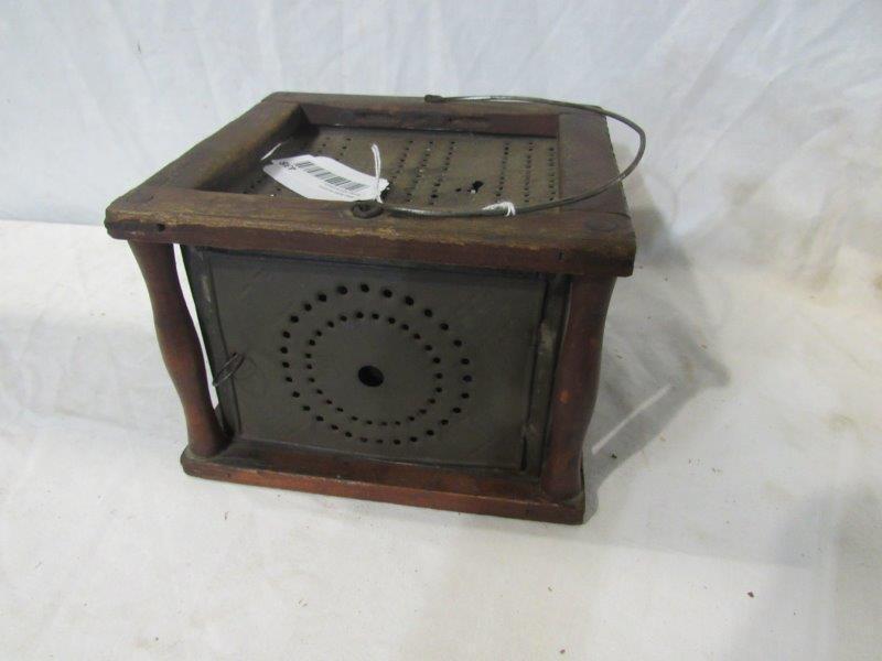 Early coach charcoal warmer: 8 in wide 7 1/4 in deep 6 in tall