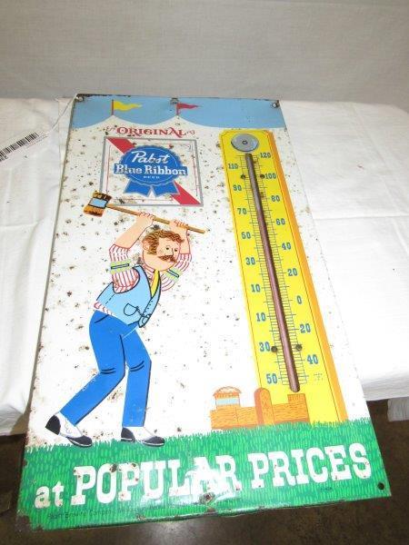 Unusual metal Pabst Blue Ribbon thermometer: Unusual metal Pabst Blue Ribbon thermometer Awesome graphics!! Has spots of corrosion. 10 1/4 in x 18 in
