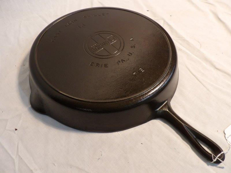 Griswold No. 14 cast iron skillet w/ heat ring: With large block logo. Would be hard to upgrade!! About as clean as you will find them. Excellent condition!! 15 1/4-in diameter.