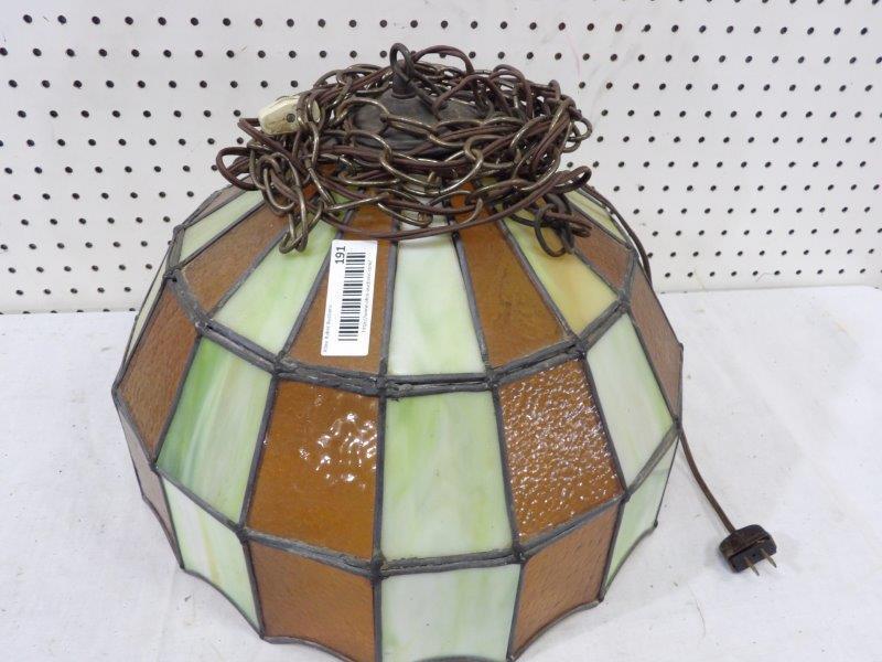 Mid Century Leaded and Stained Glass Light: Hanging stained and leaded glass fixture with green and amber stained glass. Working condition. Measuring approx 17" diameter x 11" tall. Light wear and dust soil, see photos
