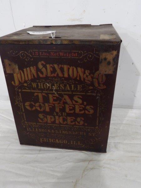 John Sexton & Co. Teas, Coffee's and Spices tin: With flip top lid. Has great graphics on front. 10 in wide 9 in deep 12 in tall.