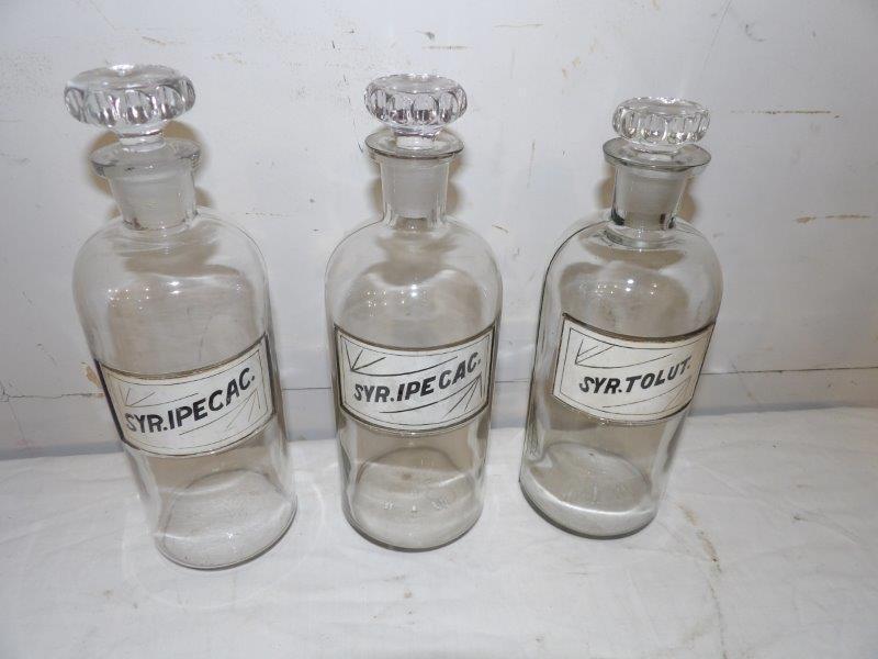 3- Glass apothecary jars with original labels (1 of 5)