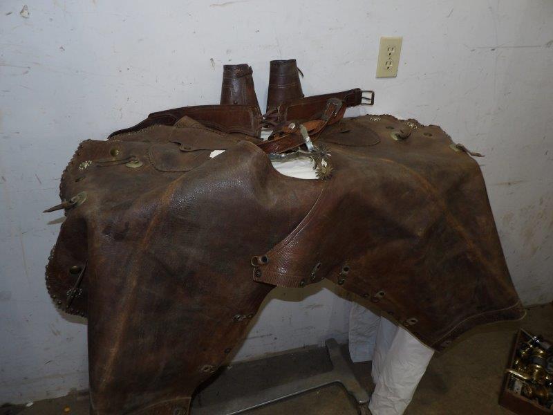 High quality set of Western leather chaps, gauntlets, (1 of 9)