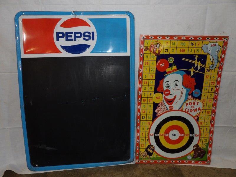 Pepsi menu board and Wyandotte Toys tin litho clown (1 of 10)
