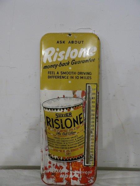 Shaler Rislone metal thermometer: Appears to have been painted over and has partially been stripped. Look at pictures for condition. 9 3/4 in 25 1/2 in.
