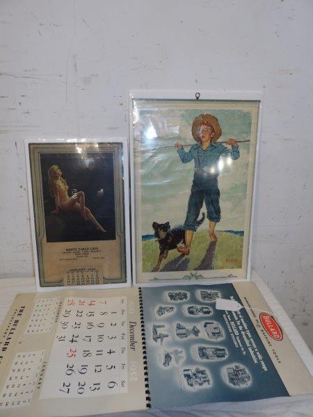 3- 1940s-50s calendars: Includes a 1952 Bullard company calendar of Bridgeport Connecticut, has minor wear and is all complete. Also includes a 1944 Monte Carlo Cafe Warren, Ohio complete calendar with a few creases but over