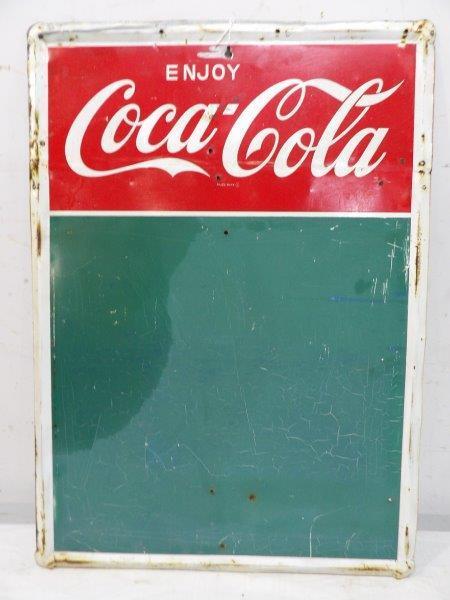 Enjoy Coca-Cola metal menu board: Has paint remnants along top edge some corrosion along edges and has several nail holes throughout. 20 in x 28 in.
