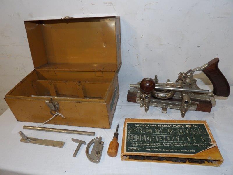 Stanley No. 45 plane w/ cutters in original metal box (1 of 14)