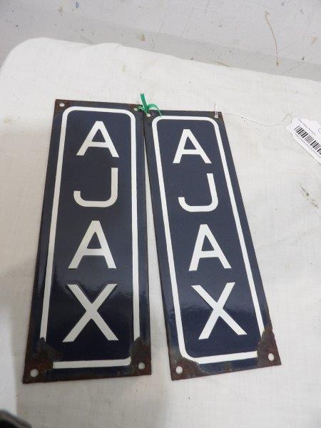 2- Ajax porcelain door plates: Both have wear around mounting holes but field is clean. 3 1/2 inches x 10 in.
