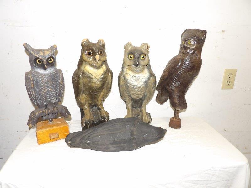 4- Owls, 1- crow paper mache decoys (1 of 11)
