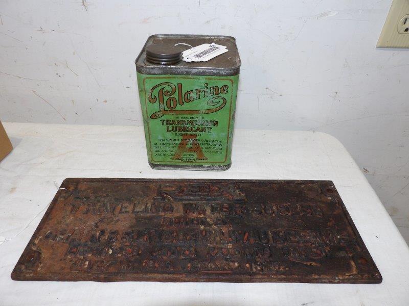 Polarine Transmission lubricant can and Rex cast iron: Lubricant can has a little bit of content left and has a few minor dents nothing too major still with decent color. Cast iron plaque is 6 in x 15 1/4 inches.