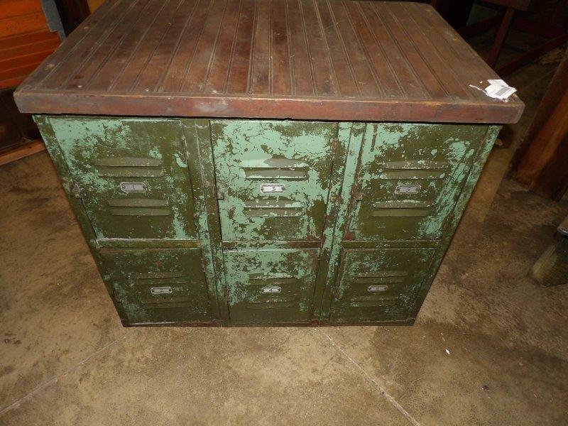 Industrial 6-door workbench with old paint (1 of 5)