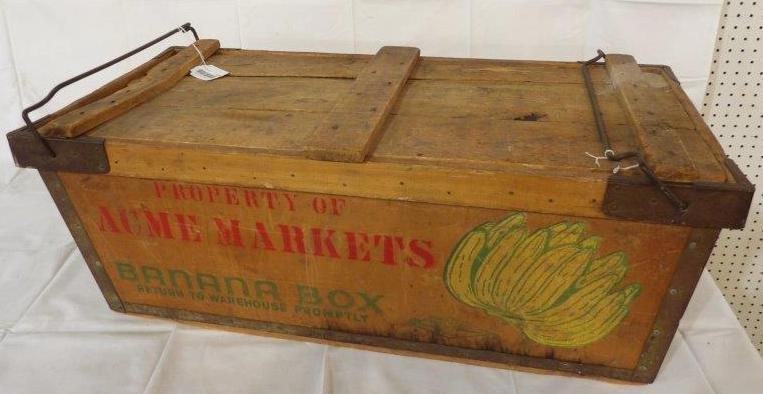 Acme Markets banana shipping box: Is with lid which is in primitive condition. Has great graphics on both sides!! 34 1/2 in Long 15 1/2 in wide 13 in tall.