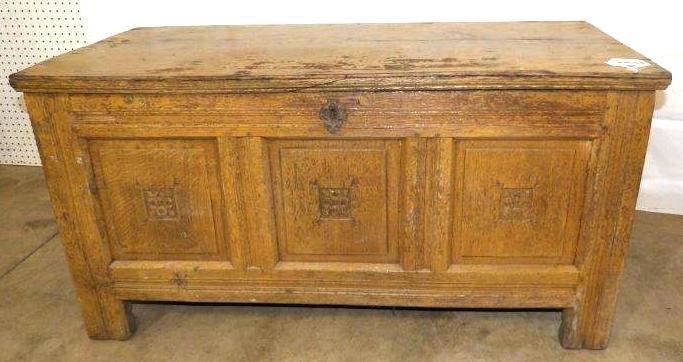 Mustard painted 19th century raised panel trunk (1 of 12)