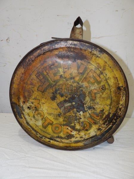 Rare Jewel Super Motor Oil rocker can: Rare rocker in rough condition. One side graphics are not visible other side is rough but graphics are visible and has three small holes on side.