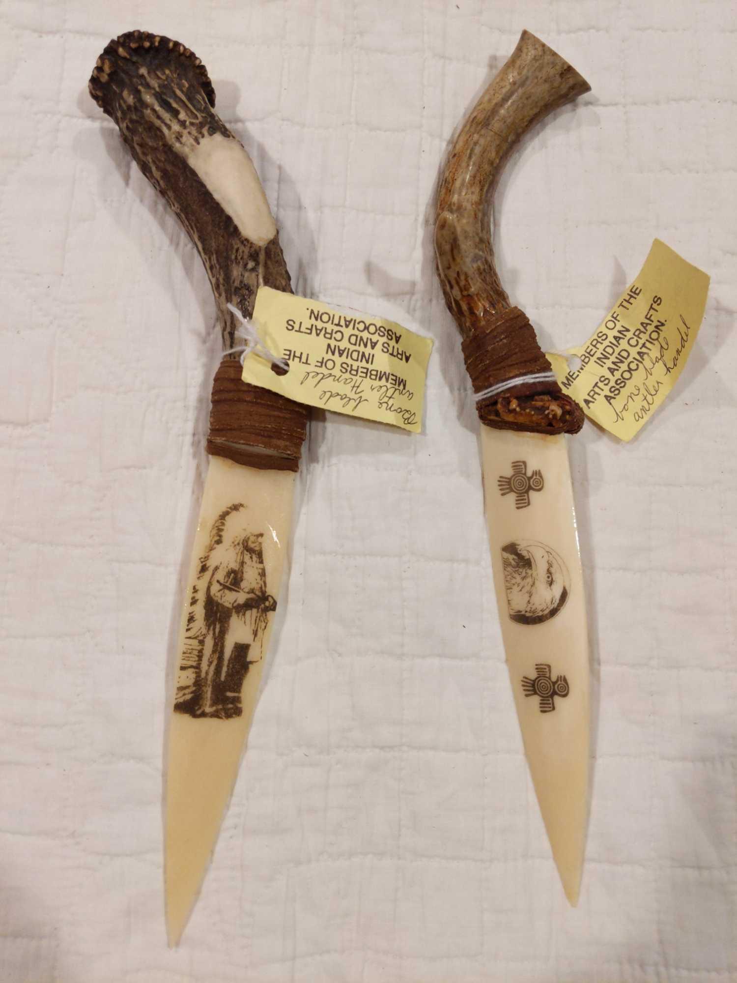 2- Members of the Indian Arts and Crafts Association kn: Blades are bone and handles are antlers. One blade with an Indian chief and the other with an eagle. Both are similar in size with 6 1/2 in blades over all length is 12 in.