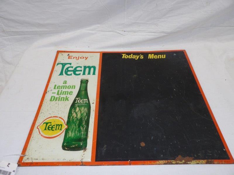 SST Enjoy Teem embossed menu board: Has some corrosion spots throughout and what appears to be small paint splatters on menu board. 22 in x 26 in