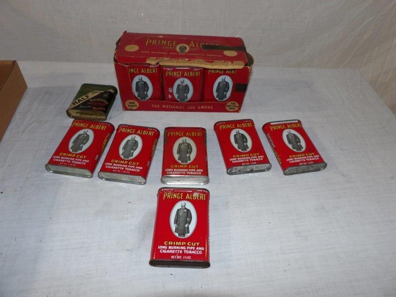 Lot of 19 tobacco tins: Includes an original cardboard case with 12-Prince Albert tins and six others and half and half. 18 total Prince Albert and one half and half. All are empty.