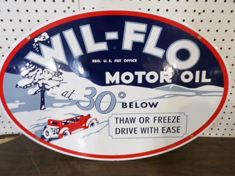 SSP reproduction Wil-Flo Motor Oil sign: Reproduction by Vintage Concepts. Limited edition one of 100 produced. Is marked 1-08. 18 in X 27 1/2 in.