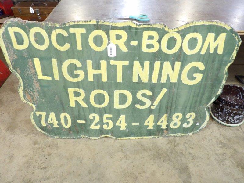Hand painted wooden Dr. Boom Lightning Rods sign: Homemade and hand-painted single sided sign. 32in x 48 in