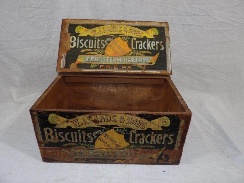 W.J. Sands & Sons biscuits and cracker box: With original labels, some peeling on labels in areas. 20 in long 13 in wide 10 in tall.