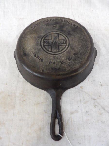 Griswold #8 cast iron skillet: Large block logo. Has some wear but is still in good condition.