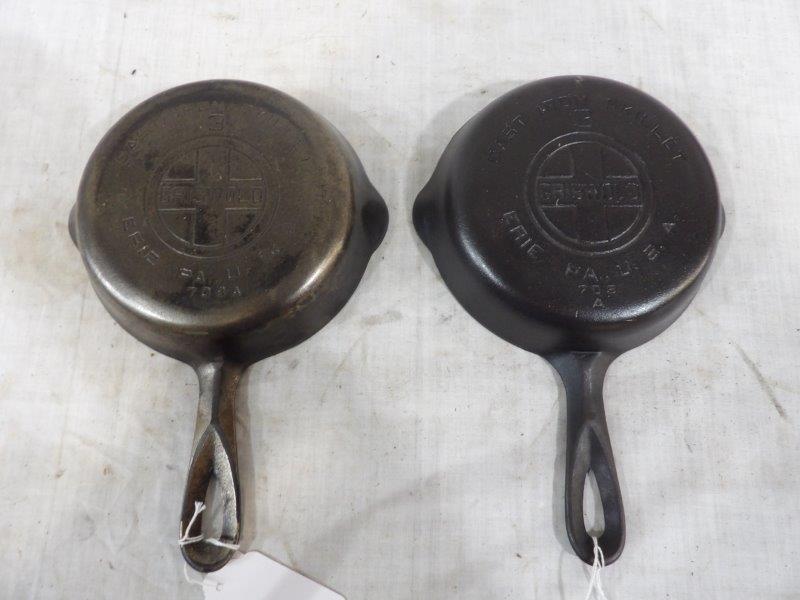 2- Griswold #3 cast iron skillets: Large block logos. Both are in good condition.