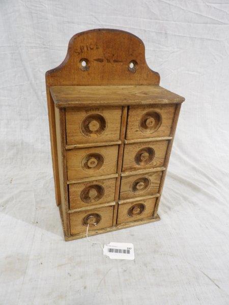Early American 8 drawer hanging spice cabinet: Appears to be all original condition with drawer scripts faintly visible. 10 in wide 5 in deep 17 in tall.